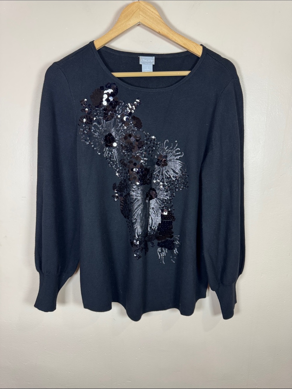 Chico's Womens Sweater Sequin Embellished Floral Festive Party Holiday L